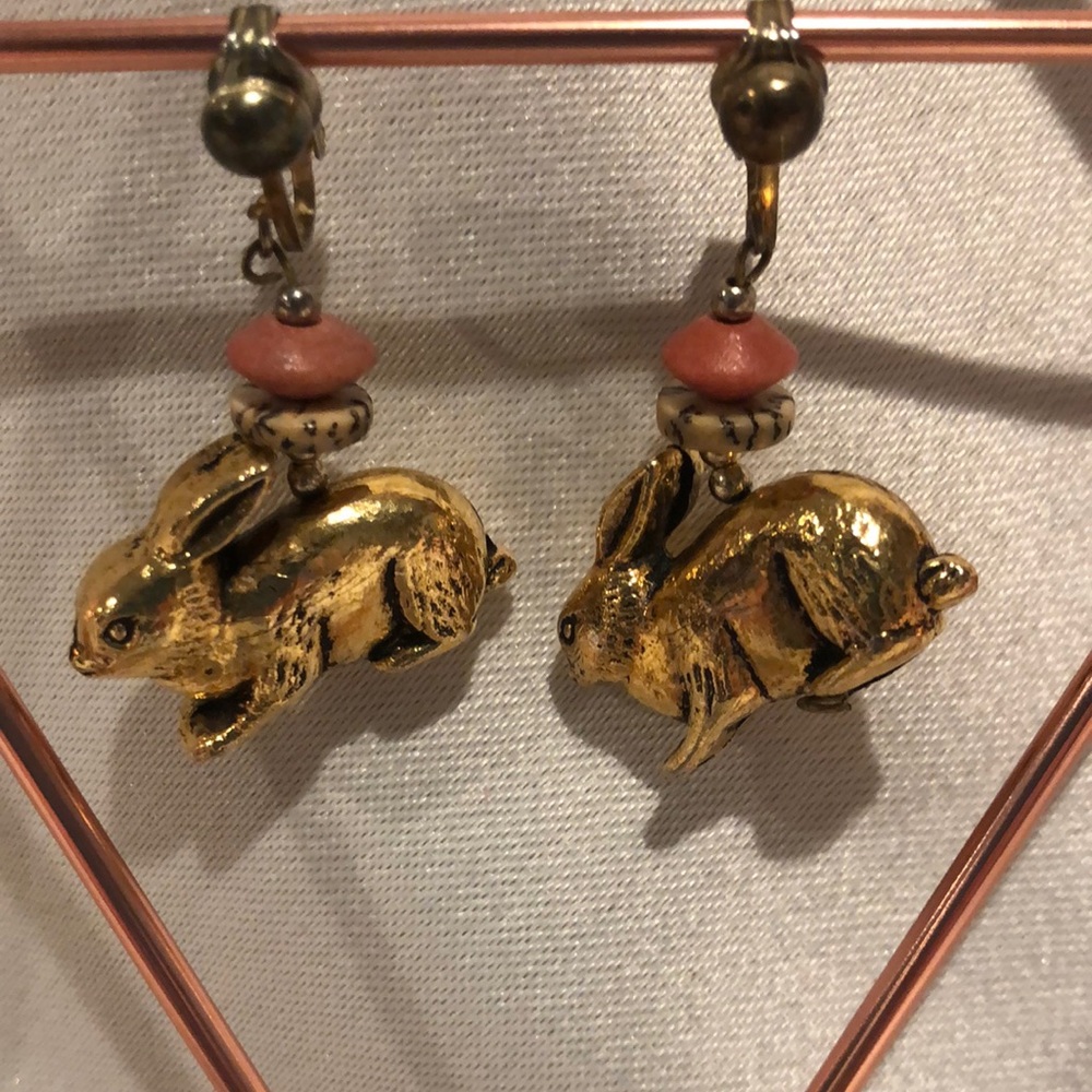 Gold Rabbit Drop Earrings with Coral Accents